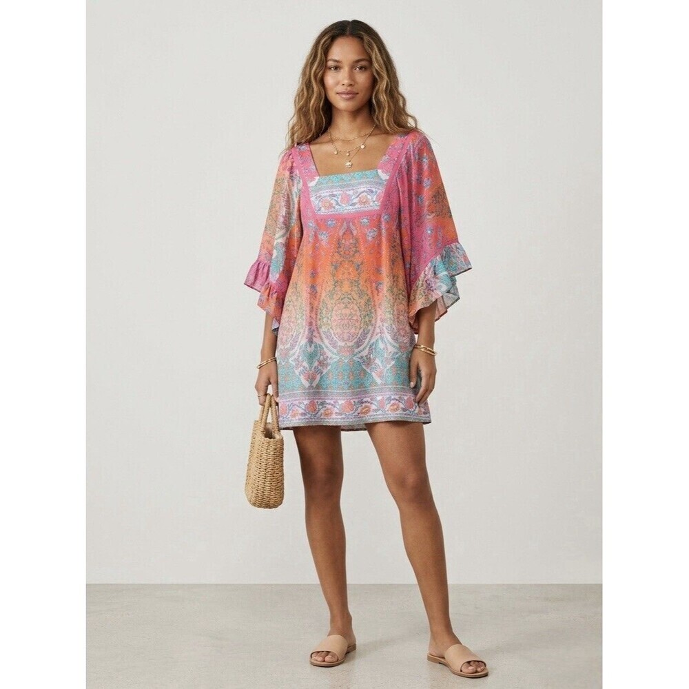 Nanette Lepore Boho Silk Blend Scarf Print Ruffle Bell Sleeve Mini Dress Size 0